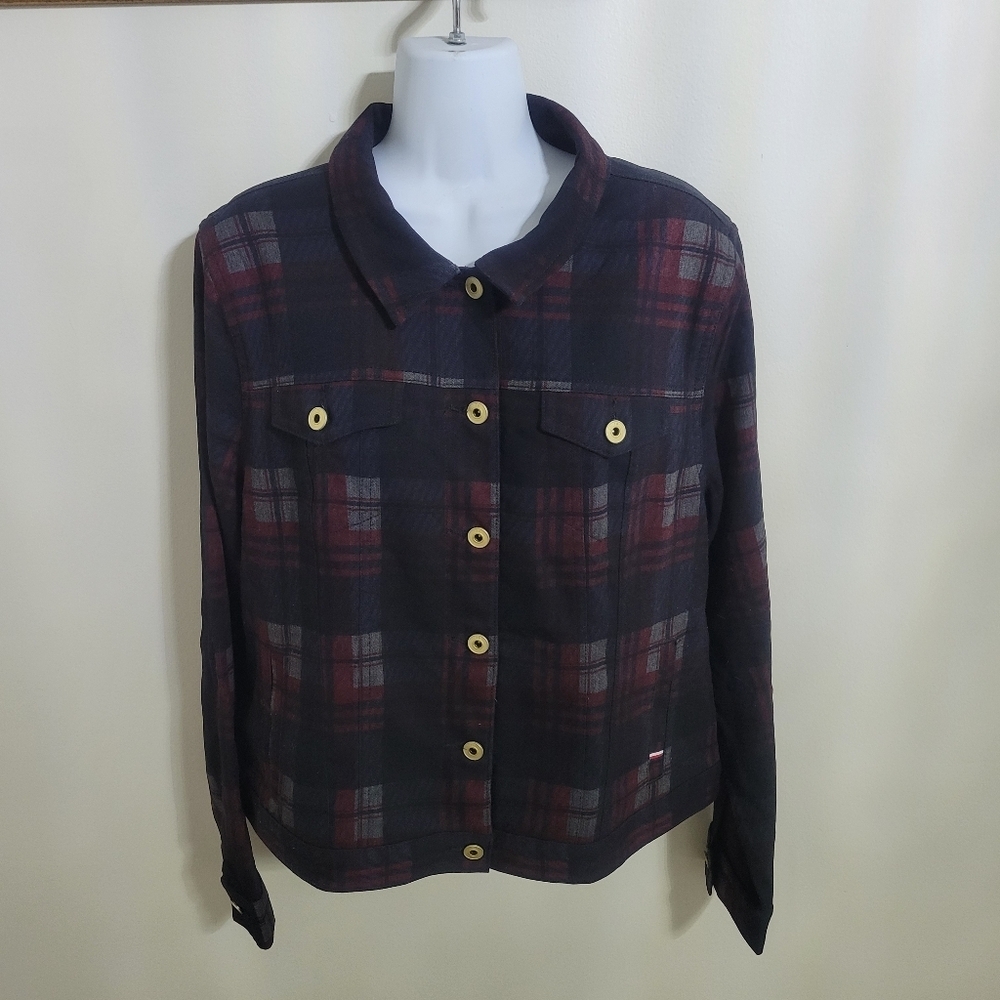 Tommy Hilfiger Jacket Womens Medium Plaid Trucker Button Front Size XL